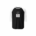 Black and white 3/4 sleeve raglan shirt with seahorse graphic and mind your grind and hustle text
