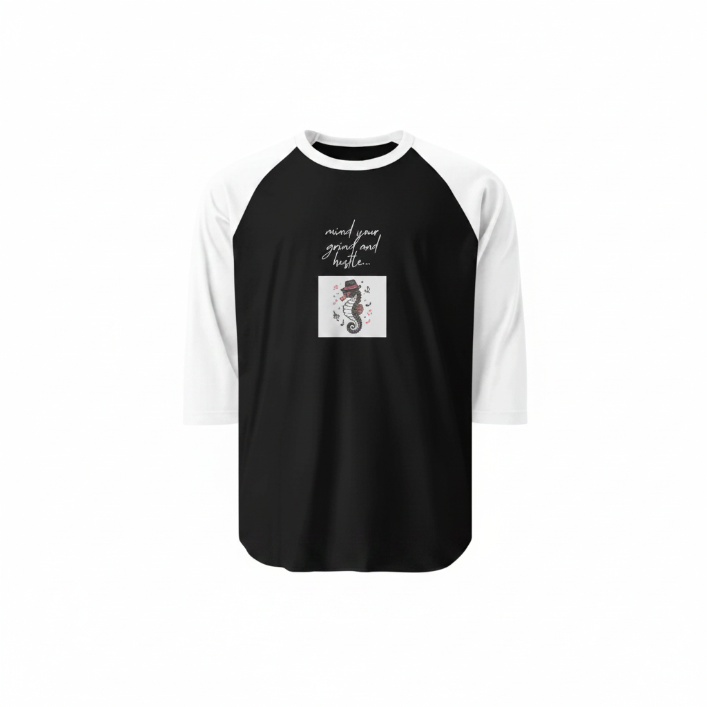 Black and white 3/4 sleeve raglan shirt with seahorse graphic and mind your grind and hustle text