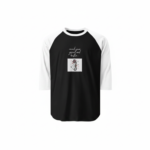 Black and white 3/4 sleeve raglan shirt with seahorse graphic and mind your grind and hustle text