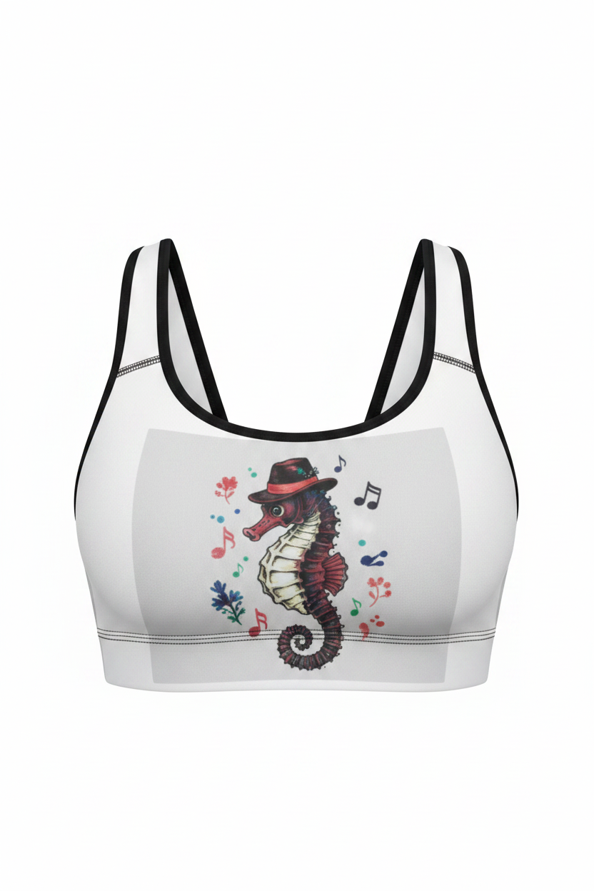 White padded racerback sports bra with black trim and colorful seahorse floral graphic on front worn by female model