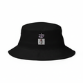 Black bucket hat with seahorse embroidered patch and mind your grind and hustle text on front