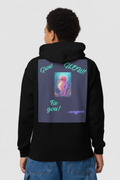Young person from the back wearing black youth hoodie with neon seahorse graphic and Grow Glow Be You text on the back